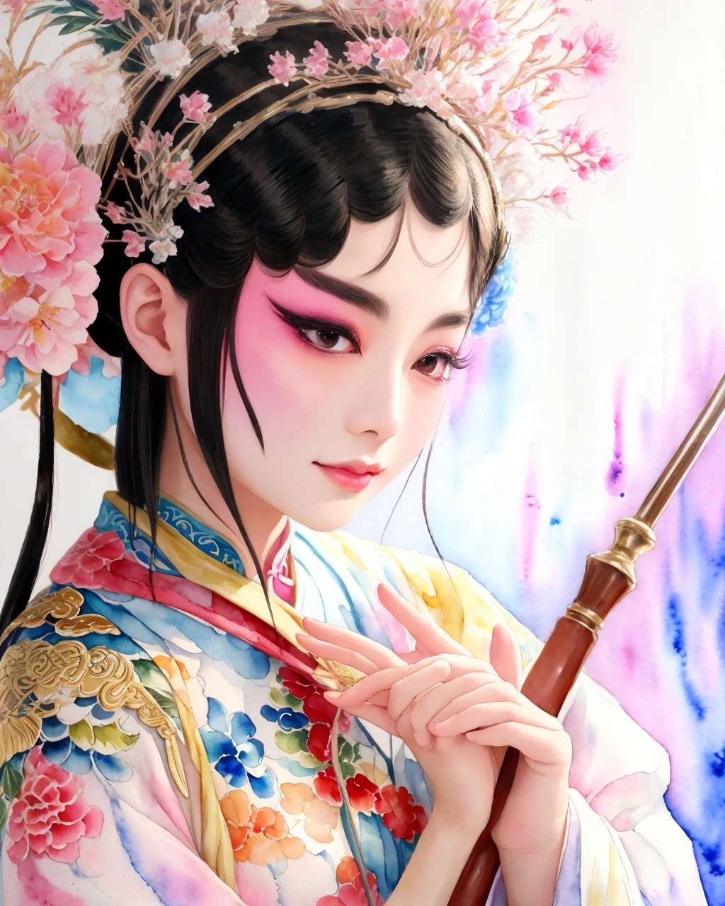 Color Ink Splashing, best quality,masterpiece,highly detailed,ultra-detailed, <lora:BeijingOpera:1> beijing opera, solo, 1girl, black hair, makeup ,fighting stance, holding weapon, portrait,
<lora:vintage 90's anime style_last:1> vintage 90's anime style, (watercolor:1.16), soft lighting,, soft, pastel colors, delicate, impressionistic, dreamy, feminine, airy, light,, oil painting, textured, layered, rich, classic, depth,timeless