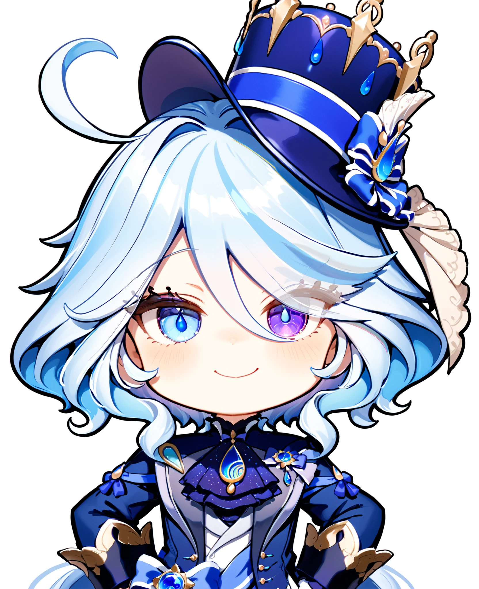furina,1girl,solo,smile,looking at viewer,white background,simple background,blush,top hat,blue jacket,white gloves,upper body,front view,hands on hips,heterochromia,jewelry,ascot,<lora:FurinaXL_v11-000006:1>,chibi,