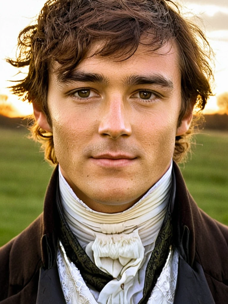 Photo taken at dusk, Portrait photoshoot, medium shot, handsome 25 year old man, regency period outfit, turned up collar, grassy meadow in the fall, young [Matthew Macfadyen|David Bowie]  , (pores sweat skin texture:0.5)
 <lora:Regency:0.9> r3g3ncy