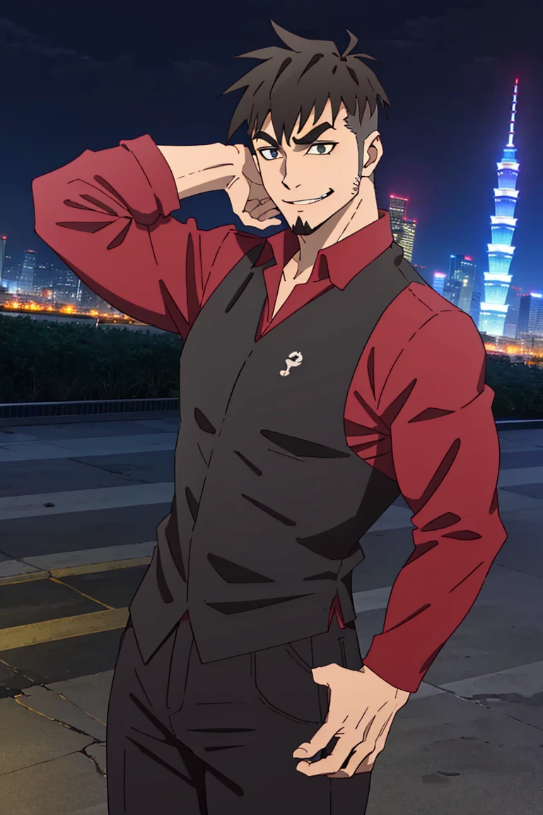 (1 image only), solo male, Jay Chiang, Great Pretender Razbliuto, Asian, Taiwanese, modern Taipei city, night cityscape, Taipei 101, 2d, anime, flat, black hair, short hair, high fade, goatee, thick eyebrows, (brown eyes), (pure red collared shirt, red sleeves rolled up:1.2) black pants, socks, leather shoes, smile, 1 hand behind head, mature, handsome, charming, alluring, standing, upper body, perfect anatomy, perfect proportions, (best quality, masterpiece), (perfect eyes:1.2), perfect hands, high_resolution, dutch angle, cowboy shot,<lora:EMS-303013-EMS:0.900000>