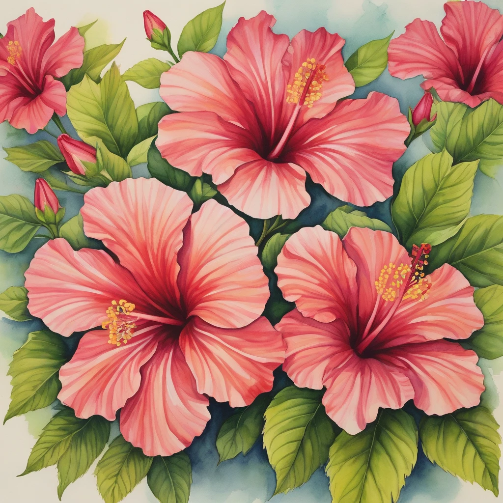 A watercolor painting of hibiscus flowers.