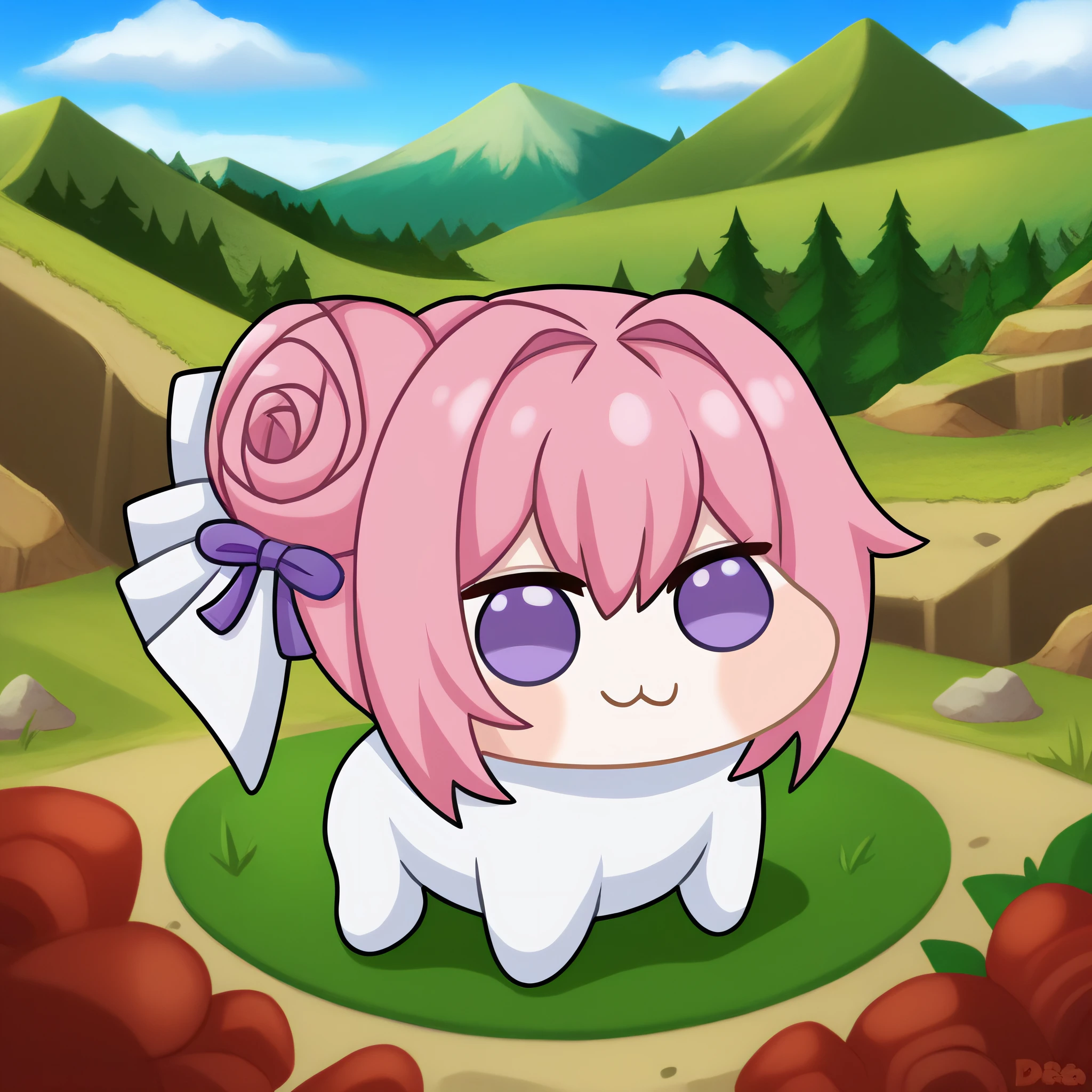<lora:Doro_X_PDXL_V1:0.9> solo, doro, creature, ;3, chibi, pink hair, purple eyes, hair bun, hair bow, scenery, fantasy landscape, herd, white skin