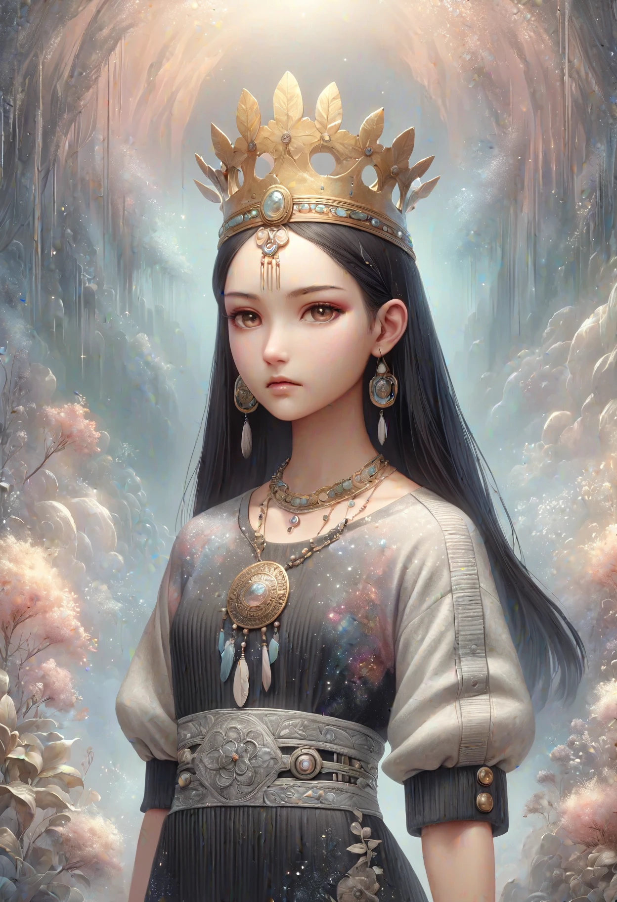 DonMP4ste11F41ryT4l3XL painting female golden age, voluptuous, native american, dark brown eyes, oval ears, bulbous nose, angular forehead, square face shape, sculpted back, , light black (soft black) long and straight hair, worry wearing flare skirt, two-toned corduroy floral tunic, crown, , hands reaching out, indicating a desire for connection, tailored upper body clothing, ribbed, crepe, andesite stone, cuffed sleeves, midi length, high waist, statement necklace,,ombre wash,,distressed details,cross-back,,cutout details, button closure, tight lower body clothing, electromagnetic alloy, oversized fit, drop waist, rhinestones, <lora:DonMP4ste11F41ryT4l3XL-000008:0.8>