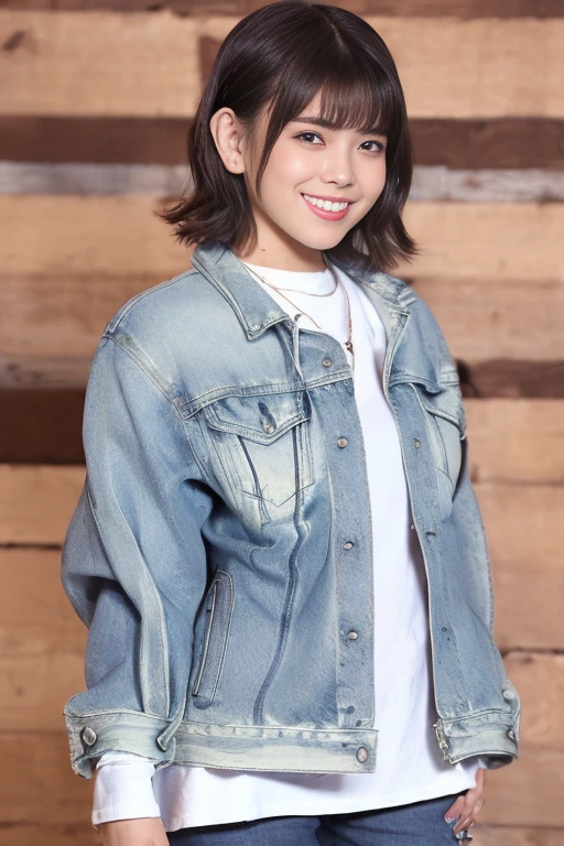 The beauty of 8K raw photos:2.0, Japanese woman, short hair, beautiful face and dark eyes, looking down, looking at the viewer:1.5, big smile, wet hair, tiny top, (leather jacket and denim shorts:1.2), shinny skin, realistic:1.9, very detailed, full body shot:1.2, High resolution RAW color photos, professional photos, Taken at front of the stained glass in church, girl sexy portrait