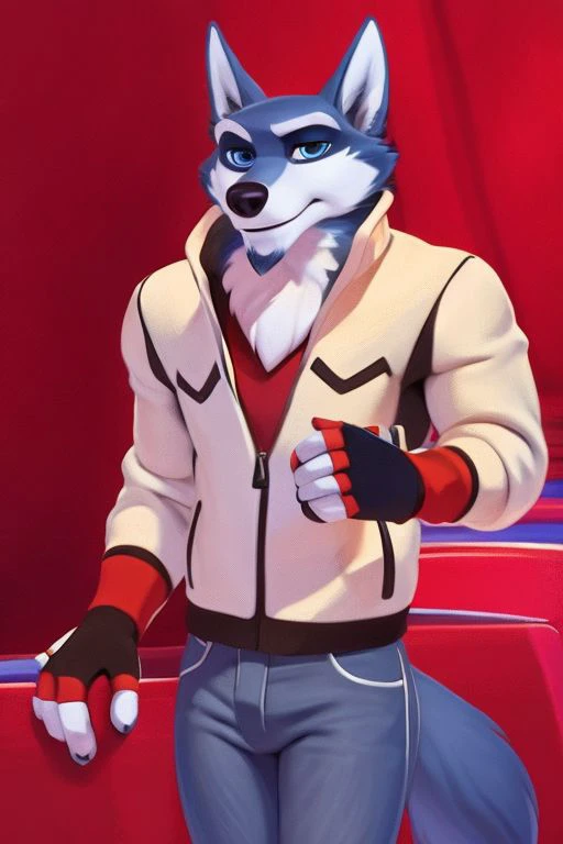 (by Meesh:1), (by darkgem:0.8), (by chunie:1), masterpiece, looking at viewer, detailed fur, (detailed pixar eyes:1.2), detailed eyes, male, anthro, <slora:add_detail:0.4>, (Wolf, Pike, rimba racer), (Jacket, Red Shirt,) (Blue Eyes, Fingerless Gloves, Black Gloves), (Goatee), (Jeans), (Tail)