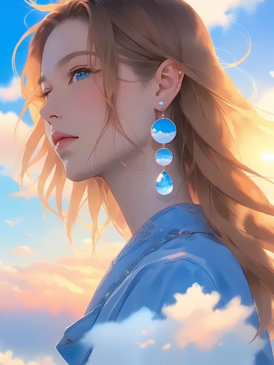 cloud, sunset, sky, sun, cloudy_sky, scenery, earrings, jewelry, blurry, solo, long_hair, upper_body, <lora:niniv2:0.7>
