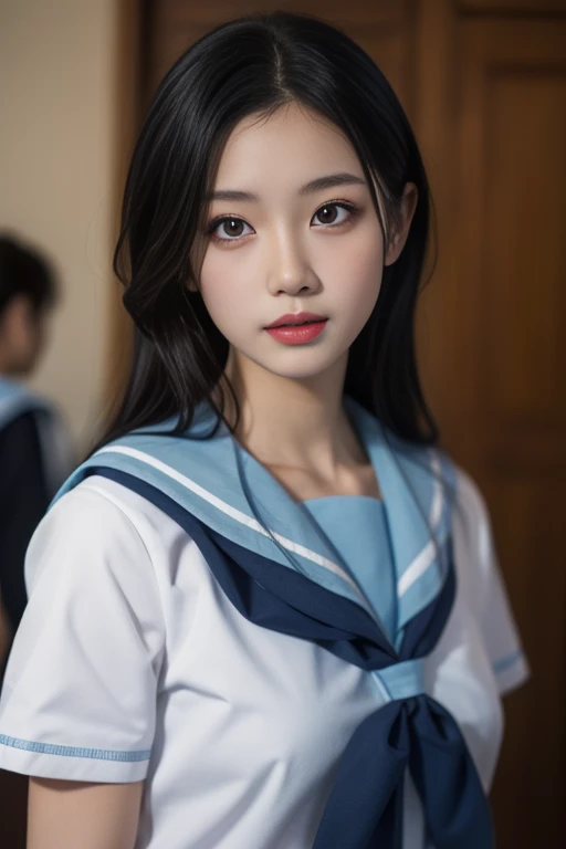 ltra-detailed,highly detailed,best quality,masterpiece,illustration,realistic,photorealistic,
1girl, solo, cosplay,
kitauji high school uniform,
looking at viewer, upper body, 
<lora:kitauji high school uniform_v2_02:0.7>
