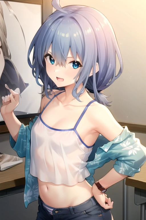 ((masterpiece)),(best quality),official art,extremely detailed CG,unity 8k wallpaper,ultra detailed,beautiful detailed eyes,extremely detailed face,classroom,1girl,solo,upper body,(portrait:1.5),looking at viewer,facing viewer,smile,happy,Shiiba Sayaka,ahoge,blue hair,shiny hair,low twintails,hair intakes,hair between eyes,bangs,blue eyes,open mouth,bare shoulders,off shoulder,collarbone,hawaiian shirt,open shirt,camisole,spaghetti strap,midriff,small breasts,navel,hands on hips,watch,blue shorts,unbuttoned shorts,striped panties,blue stripes,sandals,<lora:Shiiba Sayaka(umed):0.8>,