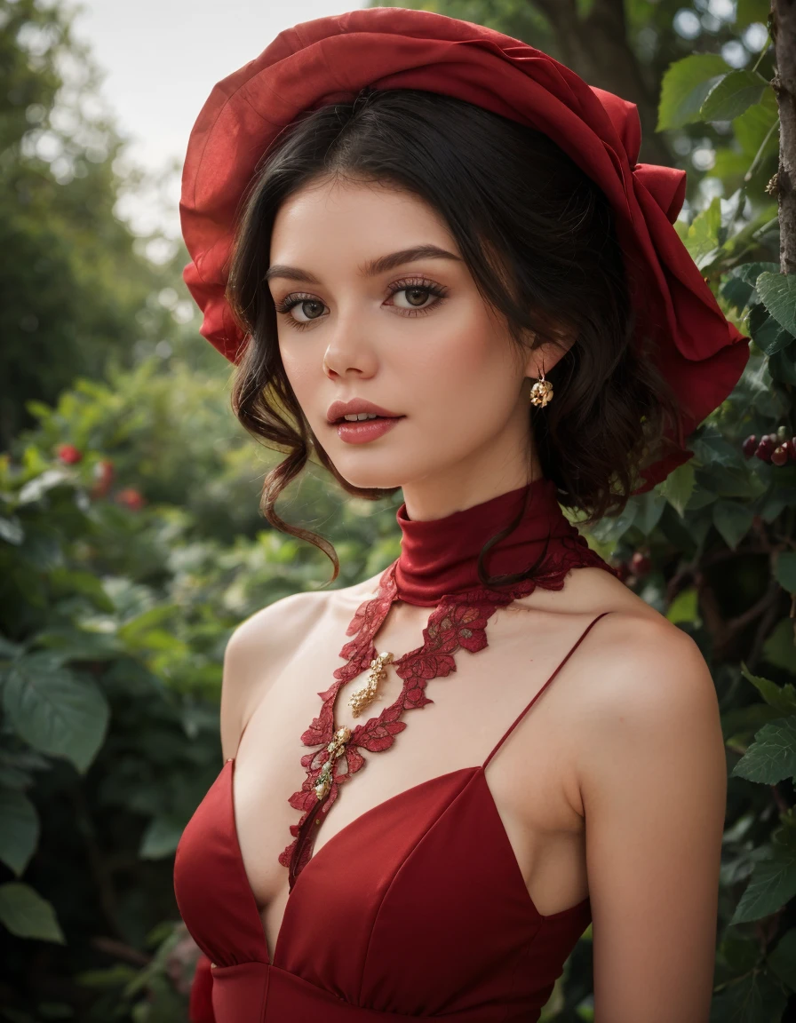 Shot From Below, (Vintage Charm:1.3), Visualize a (upper body shot:1.5) portrait of a woman wear (red|wine:1.5) (wedding|dress cutout:1.5), hair veil, turtleneck dress, nice detailed hair , (looking at viewer:1.1), muted lighting that adds to the nostalgic and romantic feel of the image. Vibrant color, The light should be diffused and warm, creating a sense of red old-fashioned charm and elegance. location at Whimsical Fairy Forest with Enchanted Creatures. detailed hair, detailed face, detailed eyes, detailed texture skin