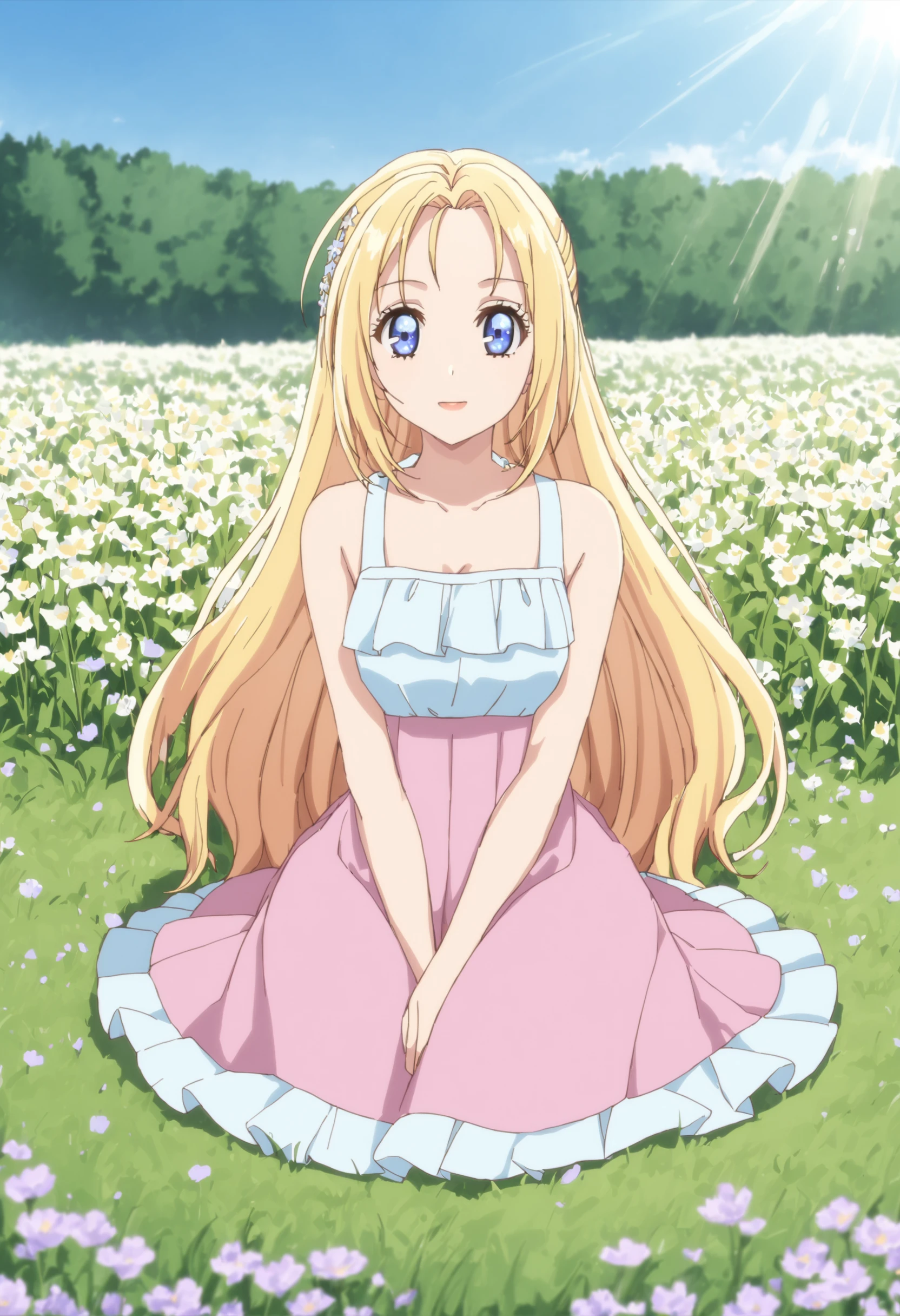 sysdeep_drelise 1girl, solo, long_hair, blue_eyes, blonde_hair, pink_skirt, summer_dress, white_dress, shelves, flower_field, sun, day, spring, outdoor, sitting_on_ground,  <lora:Elise de Clorance - [Doctor Elise - The Royal Lady with the Lamp] - XL Version 1:1>