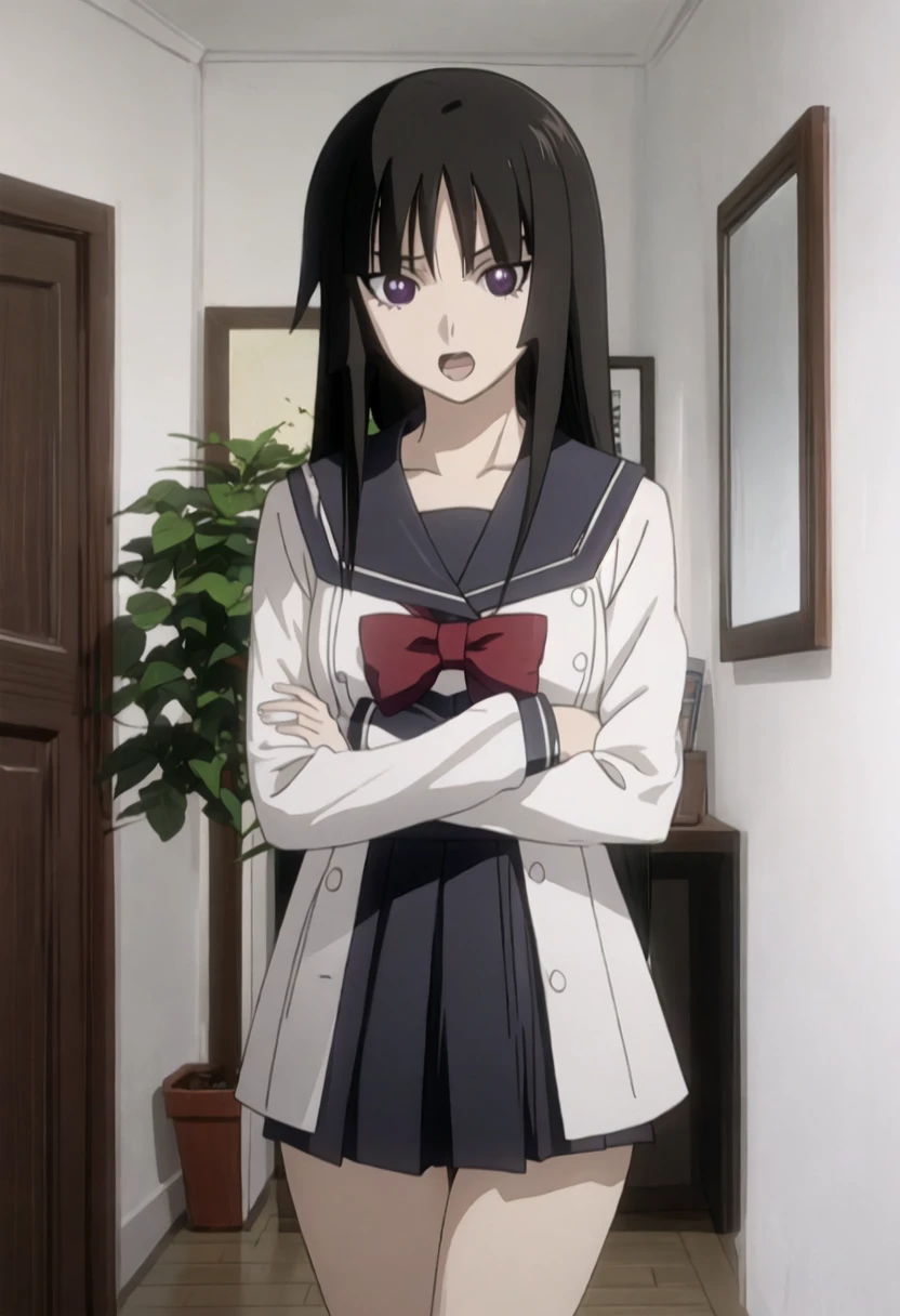 best quality, masterpiece, highres, solo, {isayama_yomi_gareizero:0.90}, 1girl, parody, black_serafuku, open_mouth, anime_coloring