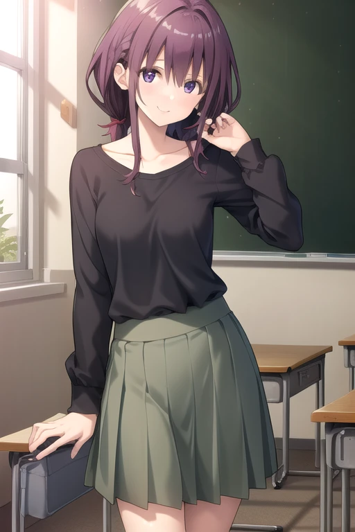 ((masterpiece)),(best quality),official art,extremely detailed CG,unity 8k wallpaper,ultra detailed,beautiful detailed eyes,extremely detailed face,classroom,1girl,solo,cowboy shot,looking at viewer,facing viewer,smile,Miyamura Karin,long hair,shiny hair,purple hair,hair intakes,hair between eyes,bangs,purple eyes,collarbone,black shirt,long sleeves,medium breasts,shirt tucking in,long skirt,green skirt,high heels,<lora:Miyamura Karin(umed):0.9>,