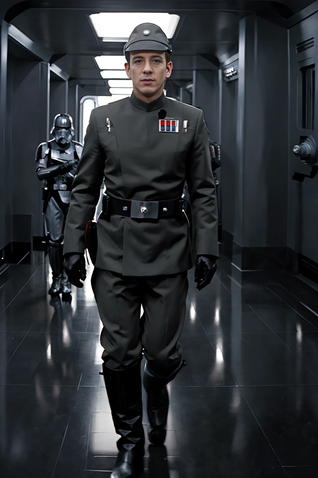 Star Wars, corridor of the Death Star, walking next to Darth Vader, LukeDesmond wearing imperialofficer uniform, (((full body portrait))), wide angle <lora:ImpofficerV2:0.60> <lora:exposure_control_v10:0.5> <lora:LukeDesmond:0.8>
