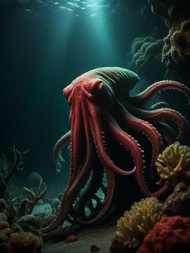cinematic realism film scene still of a realistic, cinematic film still of deepocean, dim glowing lights, attacked by tentacles of Lovecraftian kraken <lora:Terror_From_The_Deep0.8>, marine life, coral reef, red green theme, flyweight, hdr, wide angle, night , vignette, highly detailed, key visual, hdr, beefy, simple background, by, form, cold orange green red theme, . assiduous, style of, expression, Mise-en-scene, Chiaroscuro, Strong Light and Shadow, Dramatic Contrast, a hilarious scene, unforeseen consequences, photography . 35mm f1.8 Macro, chiaroscuro, shallow depth of field, vignette, Mise-en-scene, detailed, cinemascope, moody, epic scene, best rendered work, 35mm, pristine movie