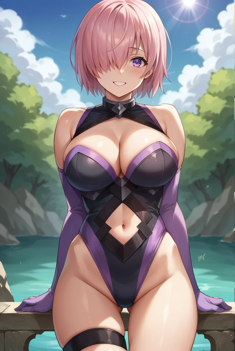 score_9, score_8_up, score_7_up, source_anime, {{Artist: sincos}}, 1girl, cute, plump curves, large breasts, short messy pink hair, orange eyes, teasing smile, natural blush on cheeks, black latex, black Leotard, armpit, elbow gloves, thigh gap, backhand, v over eye, black thighhighs, leaning forward, posing, hand on hip, Cowboy shot, perfect anatomy, high detailed eyes, award winning, highly textured skin details, 8k, absurdres, good hands, good feet