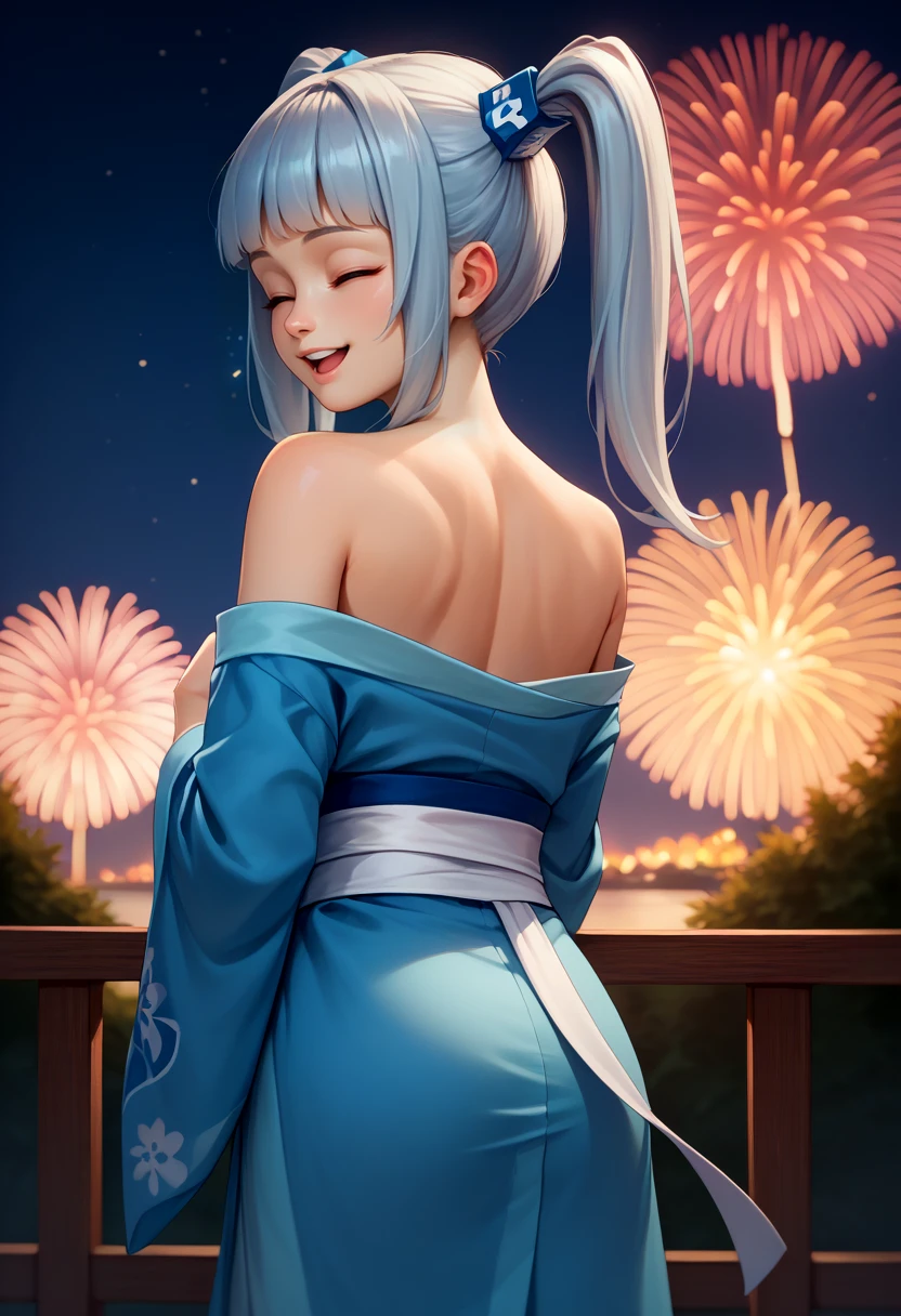 score_9, score_8_up, score_7_up, from behind, solo, 1girl, rkn-chan, happy, looking back, twintails, hair ornament, closed eyes, blue kimono, off shoulder, white sash, bare shoulders, fireworks <lora:gijinkaseries_rkn-chan_ponyXL:1>