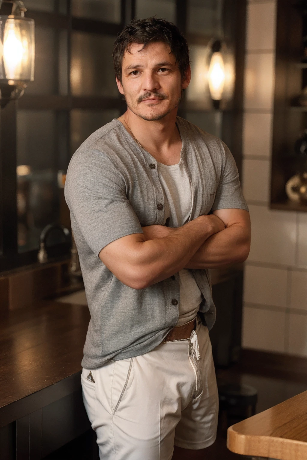 <lora:pedropascal:0.9> pedropascal, a man, Baseball tee and athletic shorts, arctic tundra
