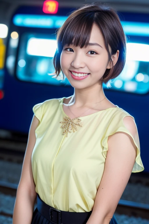 1girl,(RAW photo, best quality), (realistic, photo-realistic:1.4), masterpiece, an extremely delicate and beautiful, extremely detailed, 2k wallpaper, Amazing, finely detail, extremely detailed CG unity 8k wallpaper, ultra-detailed, highres, soft light, beautiful detailed girl, extremely detailed eyes and face, beautiful detailed nose, beautiful detailed eyes,cinematic lighting,perfect anatomy,slender body,smiling
city lights at night,at a train station in tokyo,(bokeh)
wearing blouse and skirt
<lora:suzakiaya_lora:0.8>,short hair