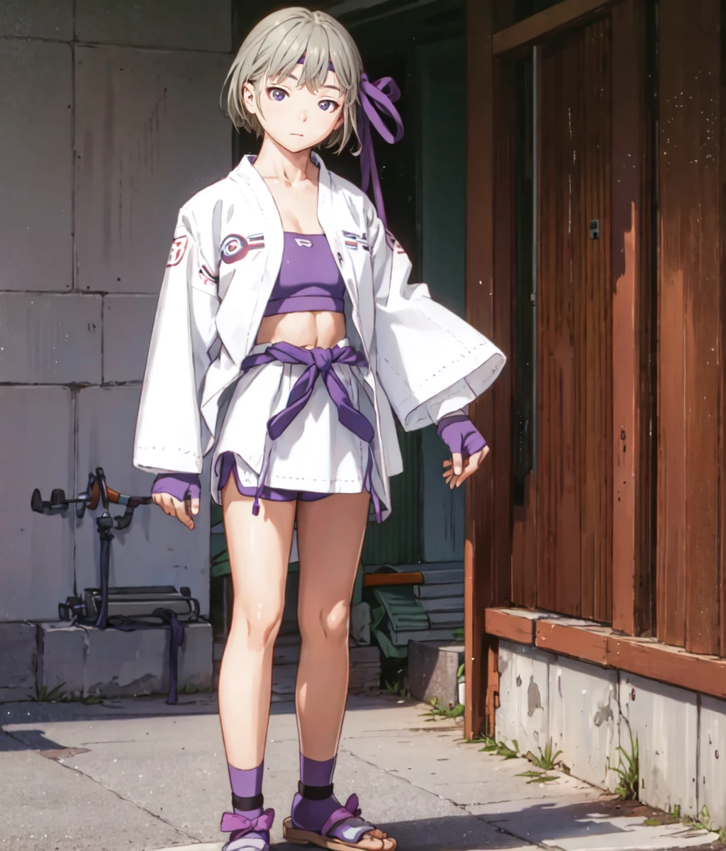 Masterpiece. 1girl, solo, short hair, gray eyes, gray hair, headband, white jacket, purple sports bra, purple bike shorts, fingerless gloves, standing, slippers, indoors, dojo <lora:Ooyama Rin:1> <lora:Range_murata_style_v02:1>, score_9, score_8_up, score_7_up, score_6_up, score_5_up, score_4_up, BREAK source_anime, masterpiece