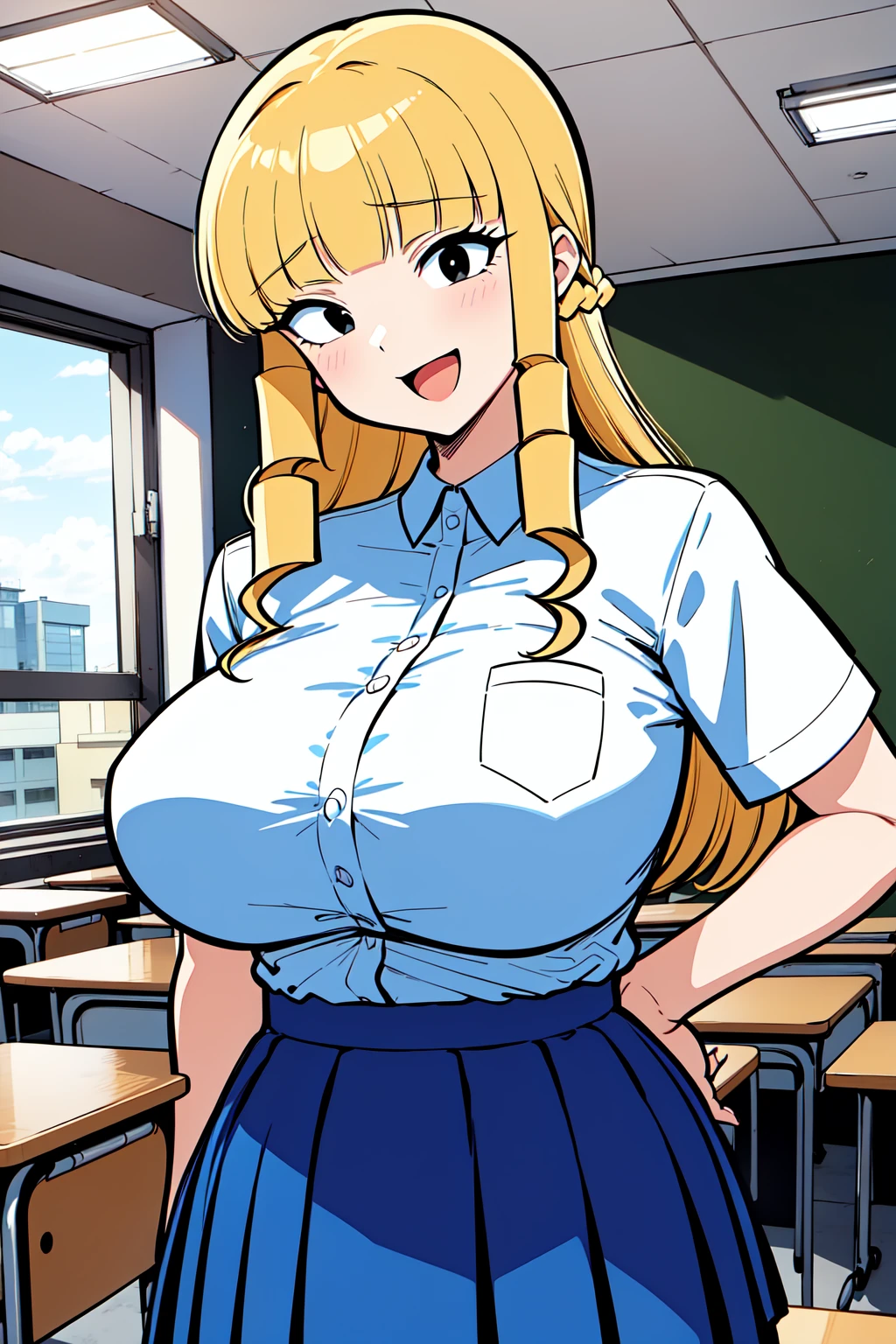 <lora:Hasekura_Ritsuko_lora:0.6>, long_hair, blonde_hair, aqua_eyes, high ponytail,
(masterpiece:1.2), best quality, game cg,highly_detailed,extremely_detailed_CG_unity_8k_wallpaper,illustration,highres,absurdres,pov, window shade, light particles,
(1girl), (portrait), (mature_female),milf, classroom, (teacher),
Beautiful long legs,Beautiful body,Beautiful Nose,Beautiful character design, perfect eyes, perfect face,
pencil skirt, (black pantyhose), necklace, skirt, shirt, sleeveless,
standing, looking at viewer, (smile:0.8), adjusting hair, large breasts,
