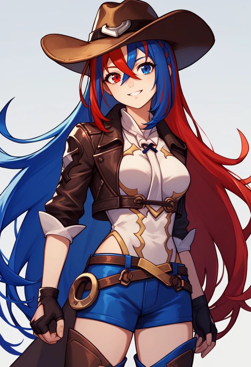 score_9, score_8_up, score_8_up, source_anime BREAK 1girl, solo, <lora:alear-fe-richy-v1_pdxl:1> alearrnd, heterochromia, blue eyes, red eyes, multicolored hair, red hair, blue hair, braid, crossed bangs, very long hair, cowboy hat, cowboy western, cowboy boots, head tilt, smile, fingerless gloves, leather jacket, stirrups, thigh boots