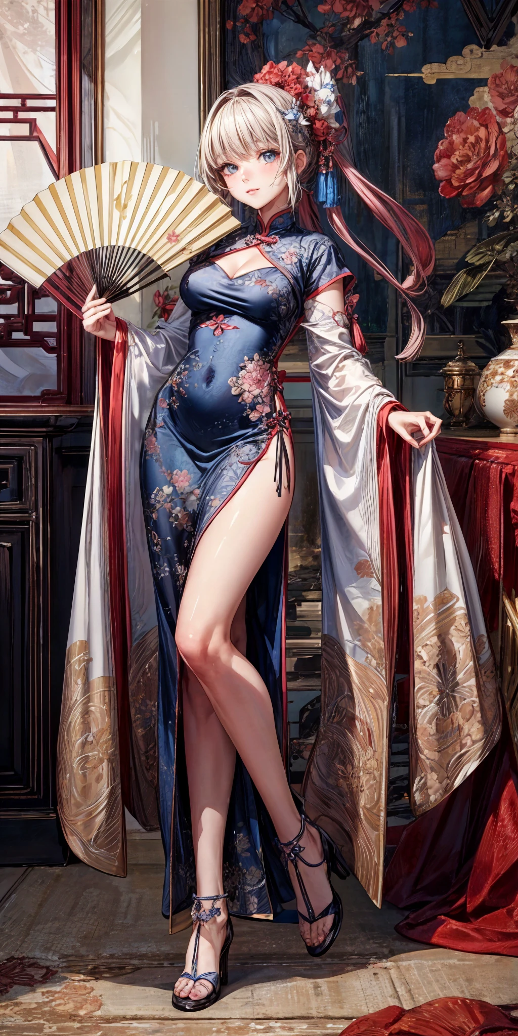(masterpiece,ultra-detailed,best quality,8K,illustration,shaved:1.2),(ite girl:1.0) <lora:add_detail:1.5> , <lora:sensu pose:0.6> sensu pose, folding fan, 1girl, china dress
