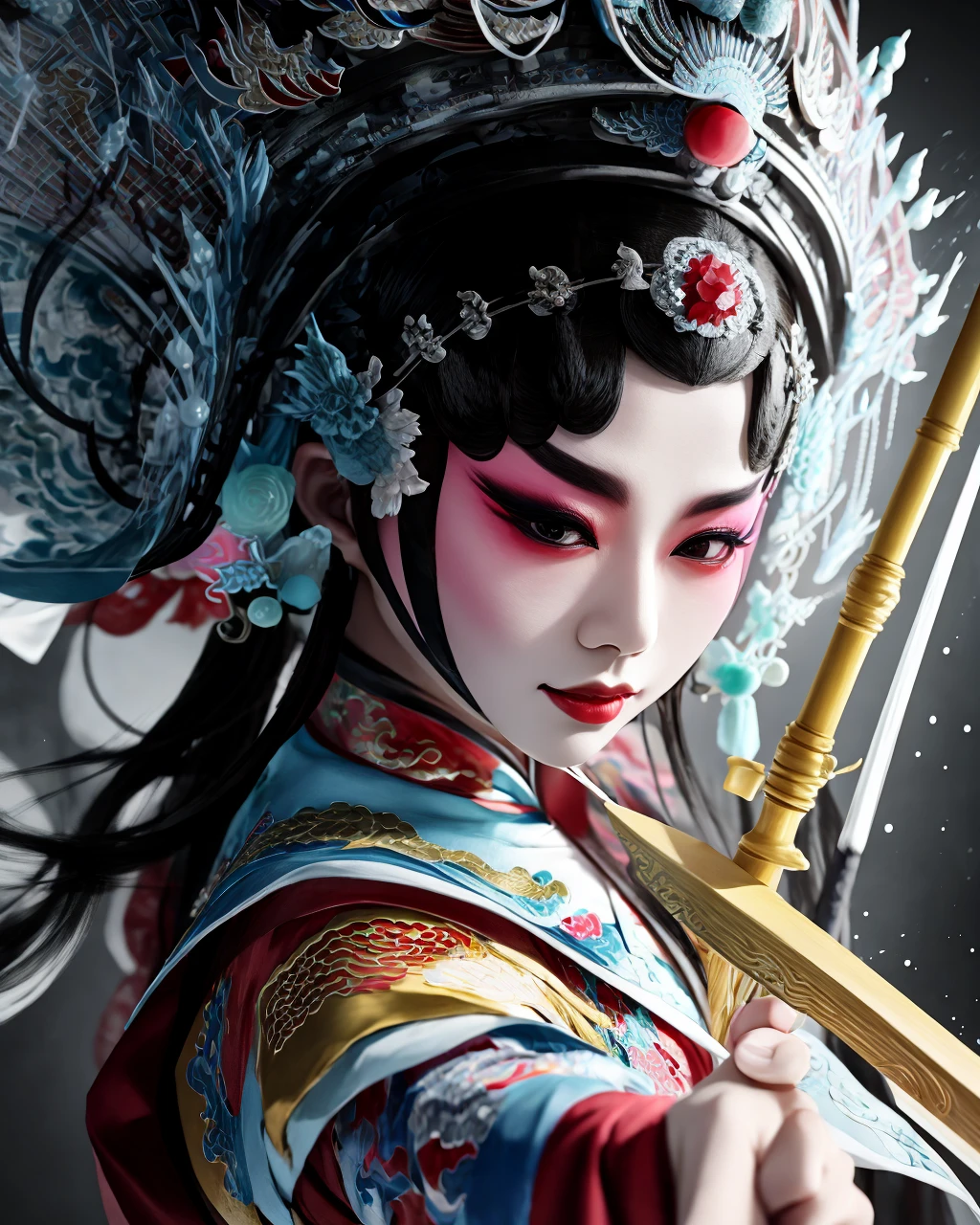 Color Ink Splashing, best quality,masterpiece,highly detailed,ultra-detailed, <lora:BeijingOpera:1> beijing opera, solo, 1girl, black hair, makeup ,fighting stance, holding weapon, portrait,
<f