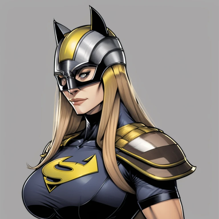 a female superhero, impossible clothes, large breasts, long blonde hair, mask, animal ear helmet, grey costume, cowboy shot, dc comics  <side_2024:1.11> <add_detail:0.29>