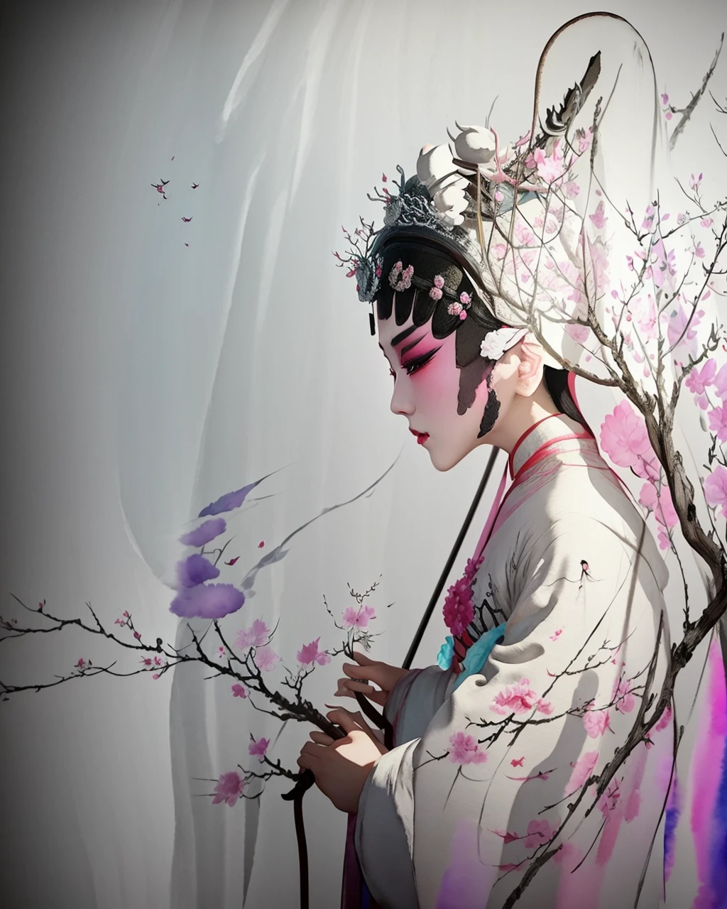 best quality,masterpiece,highly detailed,ultra-detailed, <lora:BeijingOpera:1> beijing opera, solo, 1girl, black hair, makeup ,fighting stance, holding weapon, <lora:Jiangnan:1>, (watercolor:1.16), soft lighting,, soft, pastel colors, delicate, impressionistic, dreamy, feminine, airy, light,, unreal engin 5,octane render,(2D:1.2),