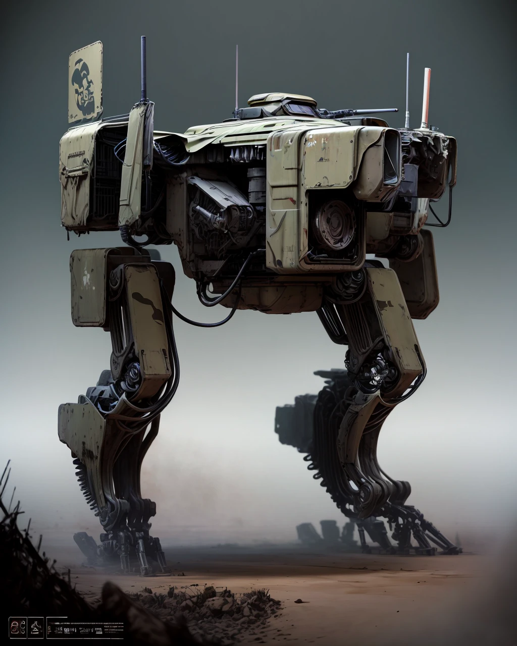 best quality,masterpiece,highly detailed,ultra-detailed, <lora:battlerobot:1>
battlerobot, science fiction, no humans, non-humanoid robot,mechanical parts, mechanical wings, mechanical arms, , machine gun, digital camouflage, monitor head,
<lora:Modelaging_last:1>
