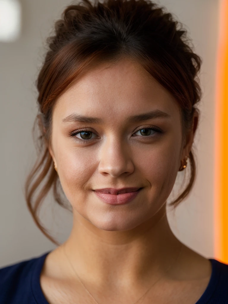 A beautiful 0l1v14c woman, 1girl,solo,looking at viewer,smile,brown hair,shirt,brown eyes,jewelry,upper body,earrings,sleeveless,lips,realistic,nose,orange shirt,soft lighting, professional Photography, Photorealistic, detailed, RAW, analog, sharp focus, 8k, HD, high quality, masterpiece<lora:0l1v14c:1.0>