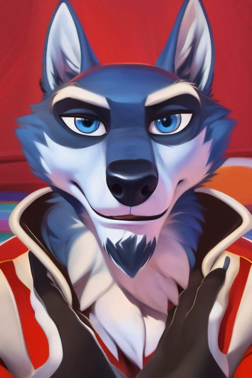 (by Meesh:1), (by darkgem:0.8), (by chunie:1), masterpiece, looking at viewer, detailed fur, (detailed pixar eyes:1.2), detailed eyes, male, anthro, <slora:add_detail:0.4>, (Wolf, Pike, rimba racer), (Jacket, Red Shirt,) (Blue Eyes, Fingerless Gloves, Black Gloves), (Goatee)