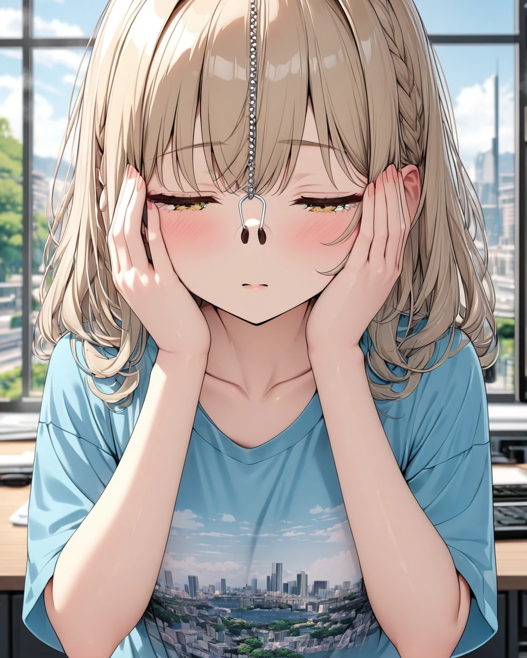 (8K, 16K,masterpiece, best quality, ultra-detailed),upper  body,1 girl<lora:SDXL_nosehook_anime_v3-000012:0.85>urban,,,t-shirt,hands on front face