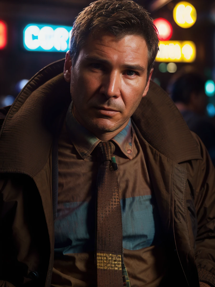 dck, (close-up:1.3),brown jacket,multicolored shirt and tie,sitting in a bar,cyberpunk city street,volumetric lighting,masterpiece,cinematic