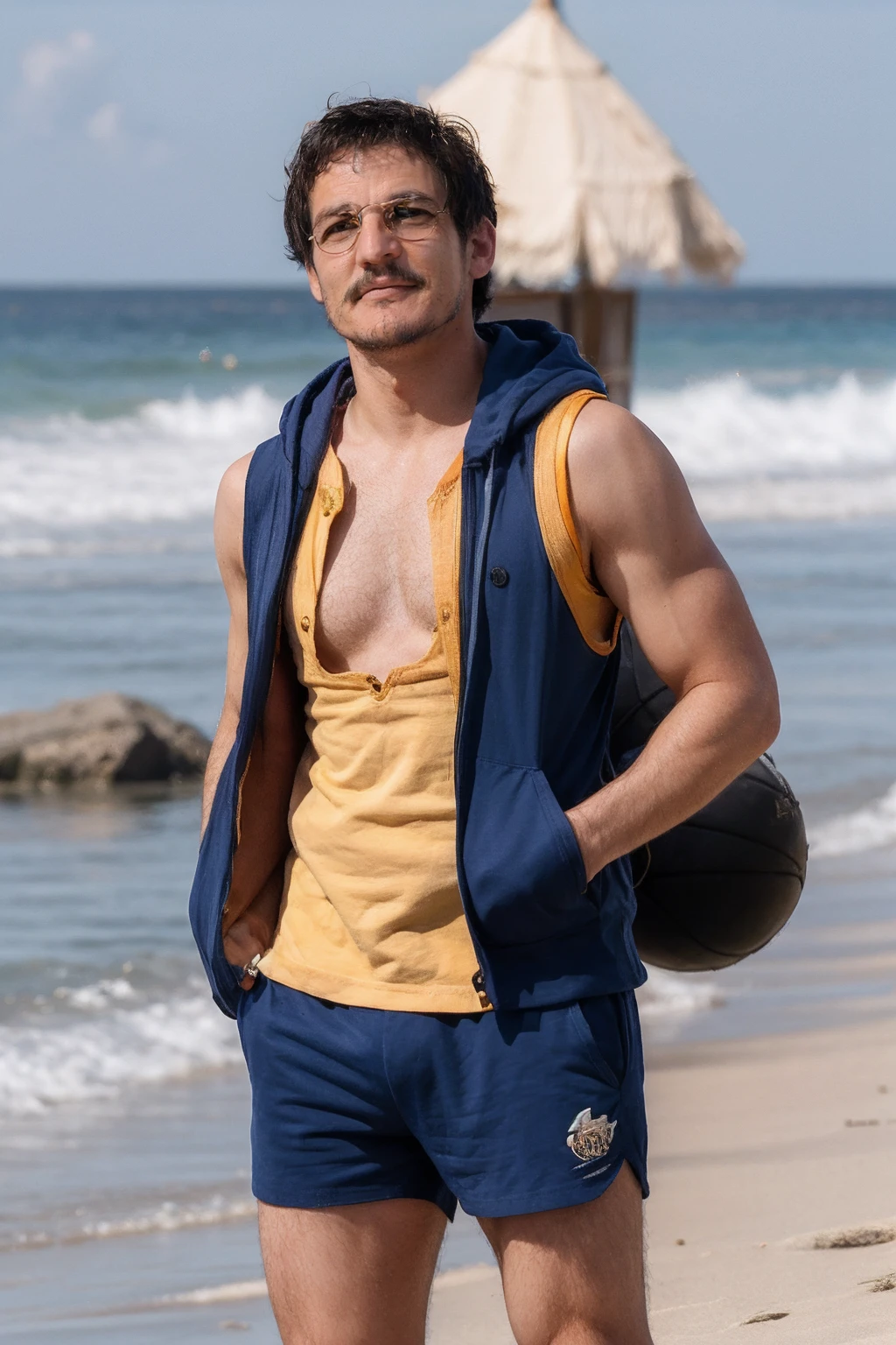 <lora:pedropascal:0.9> pedropascal, a man, Sleeveless hoodie and basketball shorts, tranquil beach
