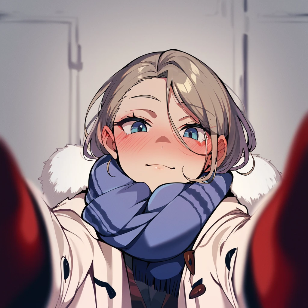 <lora:xl_pov_cheek_warming_(meme)_pony-000006:1>,scarf,looking at viewer,blush,winter clothes,coat,blurry,pov,, score_9, score_8_up,