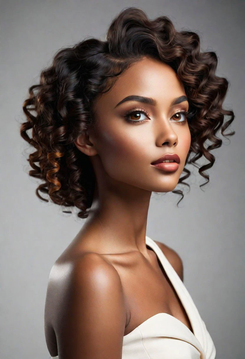 Beautiful ebony skinned woman, (heart-shaped face), high cheekbones, impeccably shaped arched eyebrows, amber eyes, delicate nose, short curly, slender but curvy, elegant, ((side shot)), in profile, looking to the away from viewer