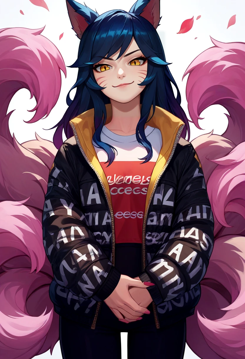 score_9, score_8_up, score_7_up, source_anime, solo, 1girl, ahri \(league of legends\), league of legends, smug, looking at viewer, own hands together, black hair, animal ears, yellow eyes, dripjacket, black pants <lora:attire_dripjacket_ponyXL:1>