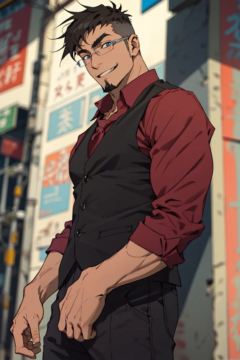 (1 image only), solo male, Jay Chiang, Great Pretender Razbliuto, Asian, Taiwanese, modern Taipei city, 2d, anime, flat, black hair, short hair, high fade, goatee, thick eyebrows, brown eyes, silver glasses, (pure red collared shirt, red sleeves rolled up), silver necktie, black vest,pants, socks, leather shoes, smile, mature, handsome, charming, alluring, standing, upper body, perfect anatomy, perfect proportions, (best quality, masterpiece), (perfect eyes:1.2), perfect hands, high_resolution, dutch angle, cowboy shot,<lora:EMS-303013-EMS:0.800000>