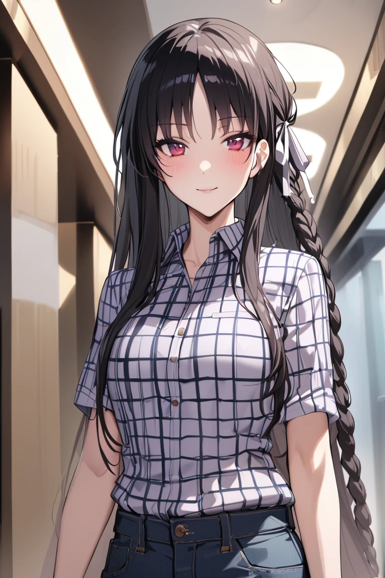 masterpiece, best quality, , cute,
1girl, solo, female, horikita suzune, red eyes, purple eyes,  long hair, black hair, hair ribbon, side braid, 
shirt, jeans, tucked in shirt,, checkered shirt, pattern, modern, stylish, pleated pants, upper body, light smile,  ,cowboy shot, looking at viewer, colorful, vivid, best quality, absurdres, best aesthetic <lora:Horikita_Suzune_XL-000009:1>