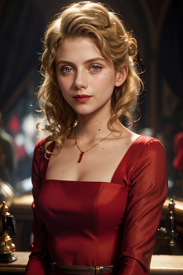 Shosanna Dreyfus, solo, 1 girl, blonde hair,(red square neck dress:1.2), red dress, red lips, red nails, blue eyes, jewelry, lips, realistic, breasts, curly hair, collarbone, long sleeves, looking at viewer, makeup, necklace, portrait, Shoulder-length hair, smile, smoke, smoking, (red square neck dress:1.2), Inglourious Basterds, black veil,