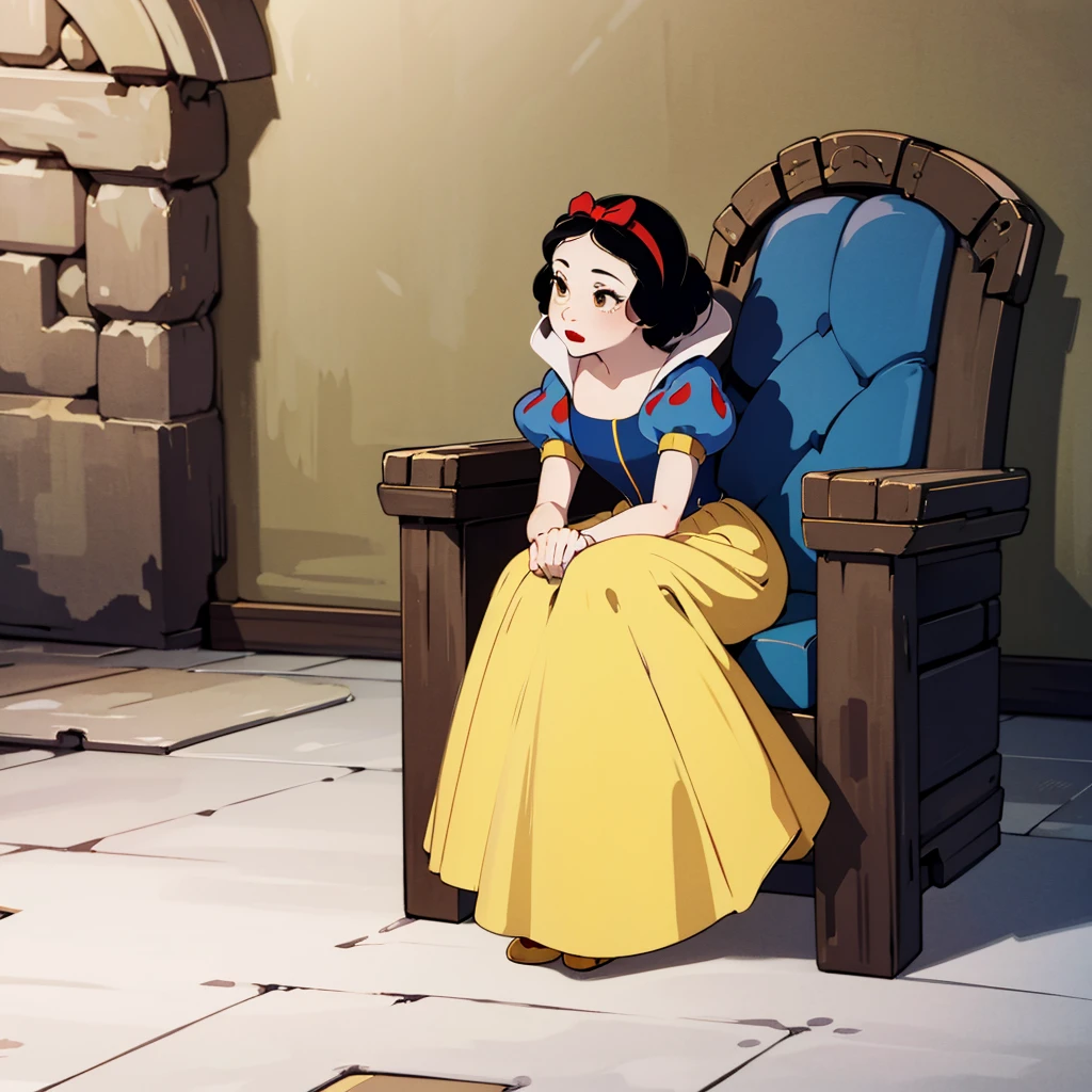 1girl, solo, SnowWhite, short hair, black hair, smooth hair, bow, brown eyes, lipstick, red lipstick, pale skin, yellow dress skirt, long skirt, blue bodice, short sleeves, hair bow, hairband, puffy sleeves, puffy short sleeves, <lora:Snow_White_Leaf5-v2:0.8>, throne, throne room,