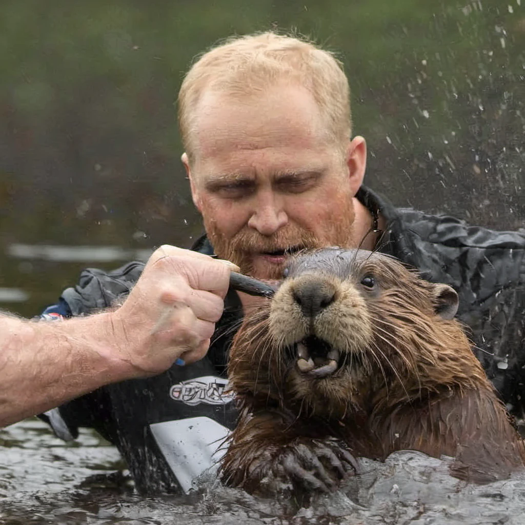 Piotr Adamczyk fist fighting a beaver in deep water