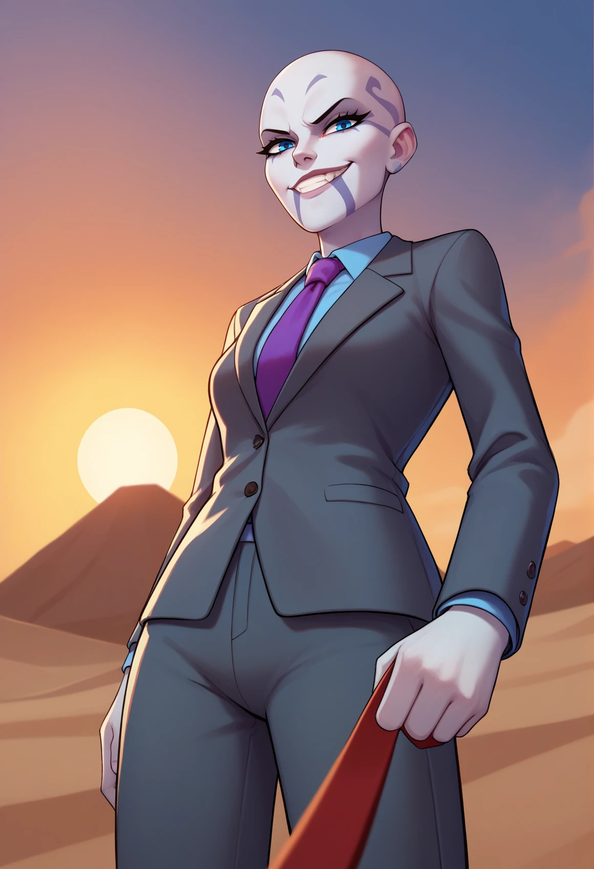 score_9, score_8_up, score_7_up, 1girl, solo, Asajj, blue eyes, grey skin, bald, facial mark, <lora:AsajjVentressPDXL_V1-Manityro-adamw:1.0>, outdoors, desert, sun, clouds, looking at viewer, smirk, teeth, business suit, grey blazer, suit pants, grey pants, purple necktie, (pov leash:1.2), viewer on leash, from below