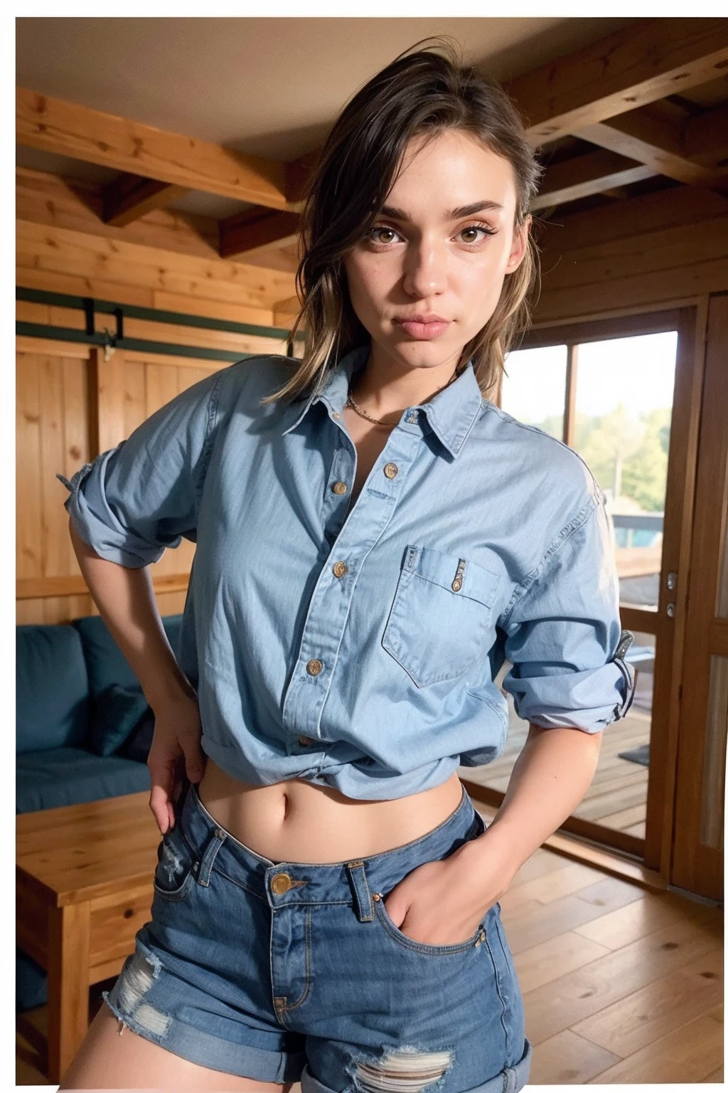 10-year-old boy, small breast, INTENSE BLUE EYES, t-shirt, short tight shorts, seductive smile, Dirty skin, super skinny, very detailed, detailed face, medium hair, dynamic camera, long torso, tanned skin, simulators, pony tail, CINEMATIC, PHOTOREAL, 16K, UHD, femboy