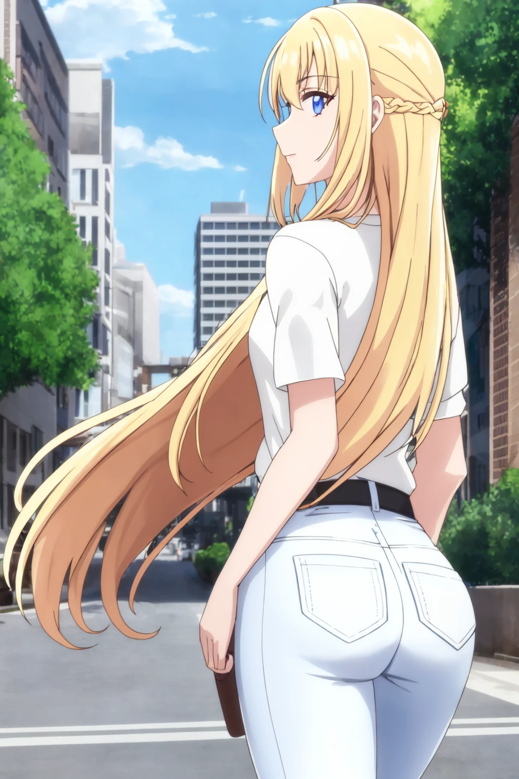 sysdeep_drelise, 1girl, solo, long_hair, blue_eyes, blonde_hair, white_top, blue_jeans, outdoor, city, street, looking_behind, ass
