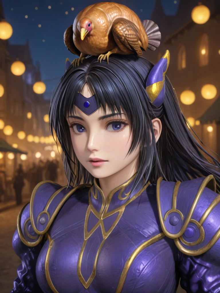 a cinematic shot of lodrose balancing a turkey on her head, night, bokeh, blurry background,  purple and gold armor, [masterpiece, best quality, hyper detailed, ultra detailed, super realistic, uhd, 4k, 8k, 32k, 64K] <lora:SDXL - Char - LOD_Rose-11-01-128-128-15-10:1>