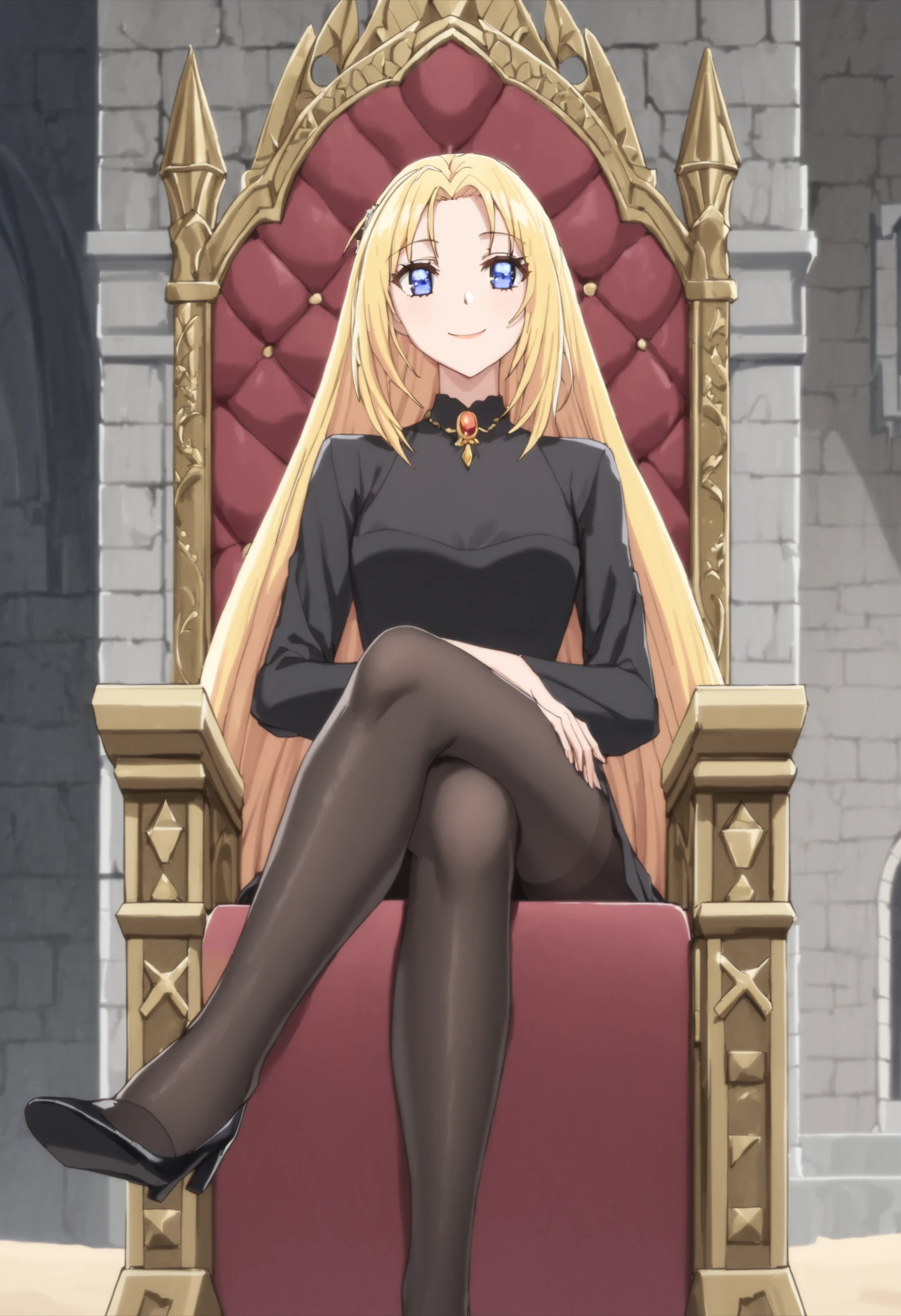 sysdeep_drelise 1girl, solo, long_hair, blue_eyes, blonde_hair, beach, black_dress, black_stockings, sitting, throne, indoor, castle, brik_wall, crossed_legs, smile, from below,  <lora:Elise de Clorance - [Doctor Elise - The Royal Lady with the Lamp] - XL Version 1:1>