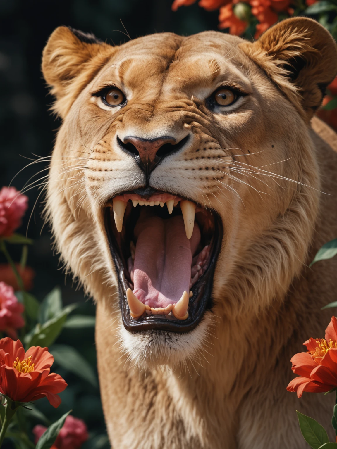 a close-up of a gorgeous roaring lioness with beautiful bombastic woman in an image filled with deep darks in the style of an analog film grain, hdr, extremely detailed, 8k, 35mm photograph, background with flowers, amazing natural lighting, brilliant composition