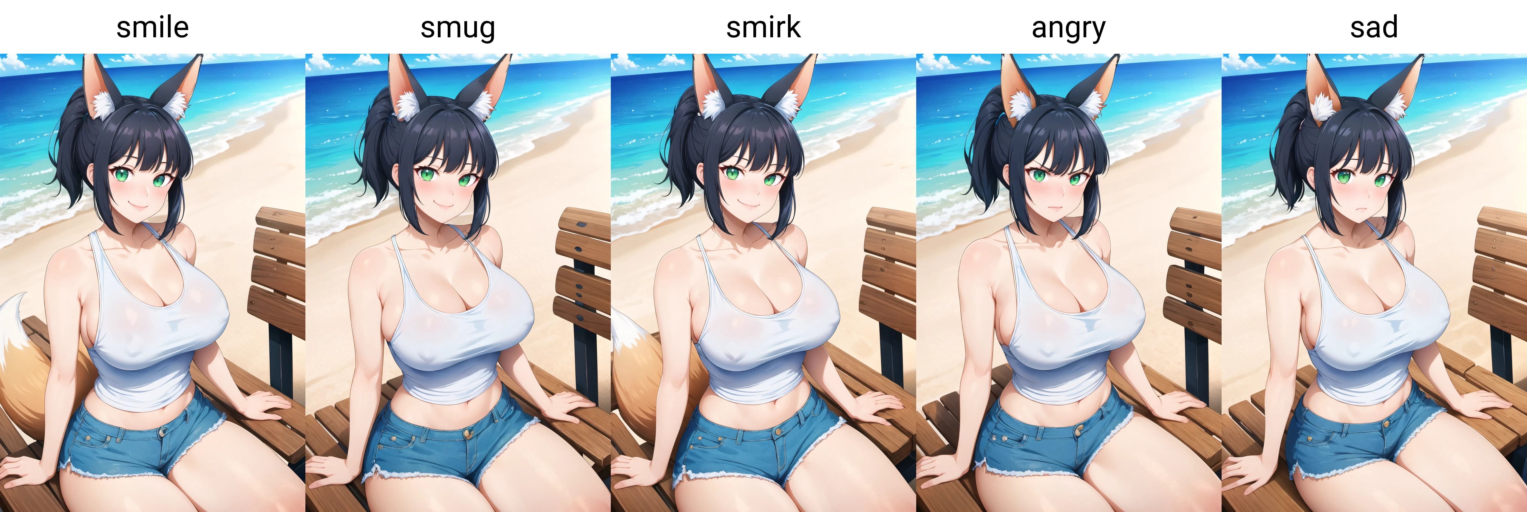masterpiece, best quality, 1girl, solo, sitting, on bench, outdoors, beach, tank top, (white tank top:1.2), (black hair:1.2), green eyes, (smile), ponytail, blunt bangs, short hair, huge breasts, blue shorts, (fox ears:1.2), <lora:neocoill-Styke_49360:1>